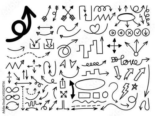 Arrows vector set.  Hand draw arrow design for business plan and education. Sketch idea design template.