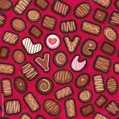 Seamless pattern of Valentines Day candy. Fancy chocolate bonbons with love you message. Decorated chocolate truffles.  Vector illustration.