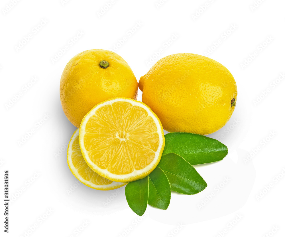 Lemon with green leaf on white background Lemon with green leaf on white background