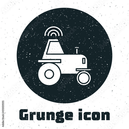 Grunge Self driving wireless tractor on a smart farm icon isolated on white background. Smart agriculture implement element. Vector Illustration