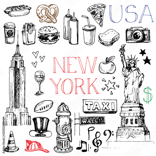 New York, United states of America set of sketch doodle travel symbols of city such as american flag, statue of liberty, apple, buildings and more