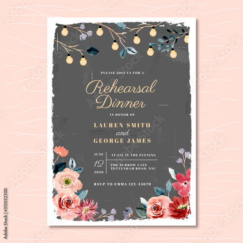 rehearsal dinner invitation with vintage floral and lamp watercolor