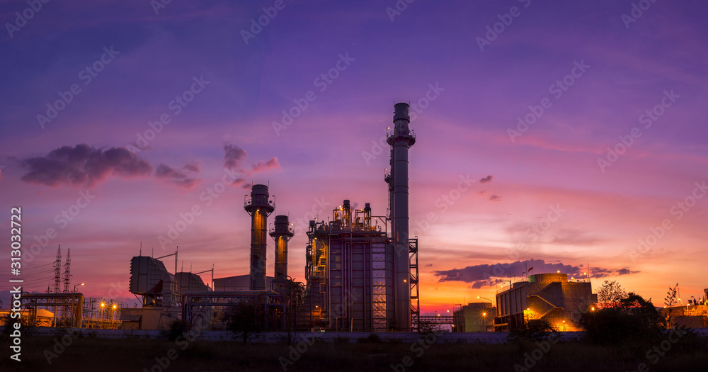 Power plants that are distributing electricity during the sunset