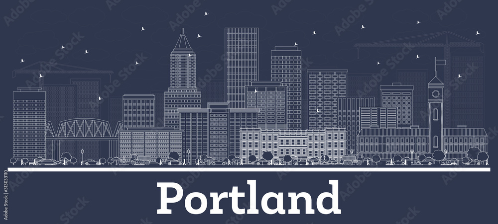 Outline Portland Oregon City Skyline with White Buildings.