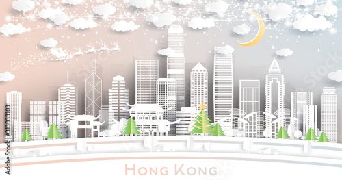 Hong Kong China City Skyline in Paper Cut Style with Snowflakes, Moon and Neon Garland.