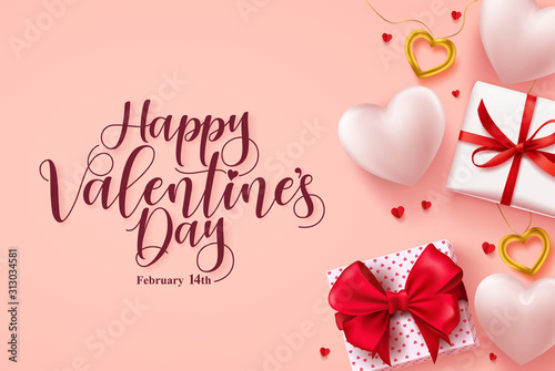 Happy valentines day vector banner. Valentines day greeting card with hearts, gifts and jewelries elements and typography. Vector illustration.