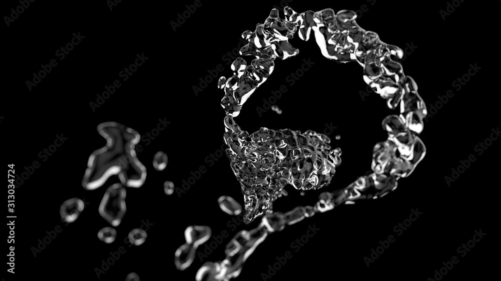 High resolution water splash isolated on black background. Selective focus macro shot with shallow DOF