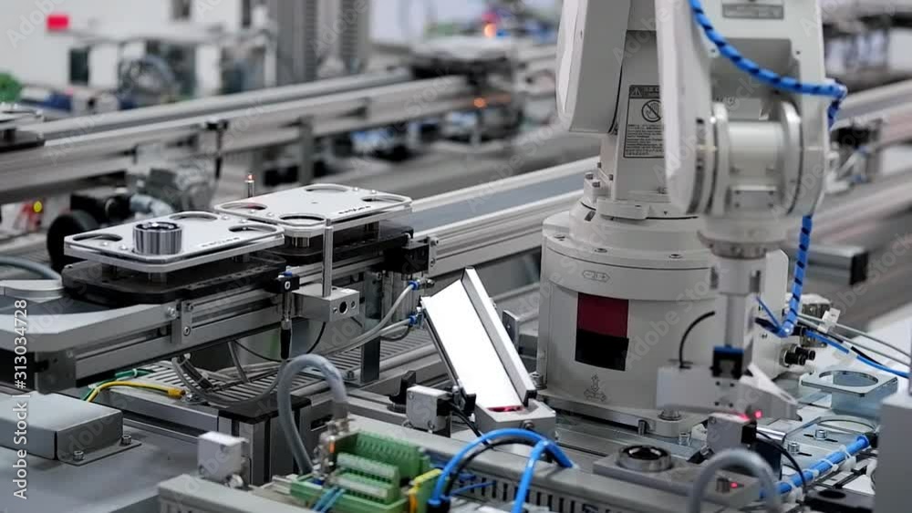 Close-up of robot arm pick product from automated car and place to station to be assembly. Industry 4.0 smart factory concept; robot arm assembles the product. Selective focus.