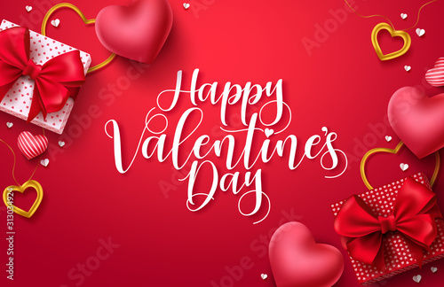 Happy valentines day vector banner background. Valentines day greeting card with typography and elements like gifts, red heart shapes and jewelries in red background . Vector illustration