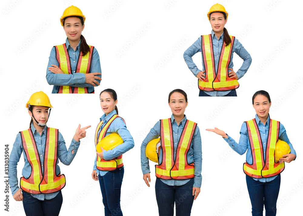 Obraz premium Collection set of female worker with Protection Equipment pointing on copy space, isolated