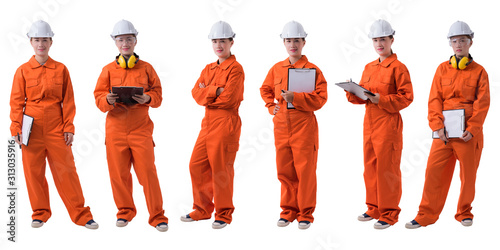 Collection set of Full body portrait of a woman worker in Mechanic Jumpsuit is holding clipboard, pen and checklist isolated on white background