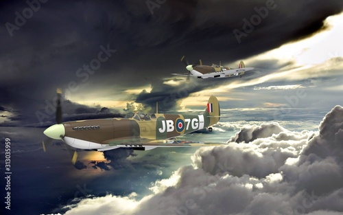 Canvas Print 3d rendering of two world war two airplanes flying together in the clouds