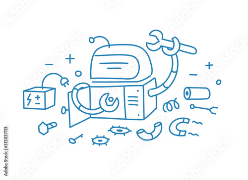 Robot fix repair. Page not found error 404. Fatal broke crash accident. Hand drawn sketch vector line contour.