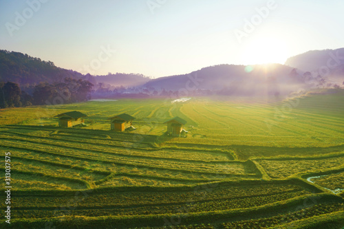Cottage with terraced rice fields, fresh atmosphere, sunlight in the early morning background at Mae Klang Luang Village, Mae Chaem, Chiang Mai, Thailand.