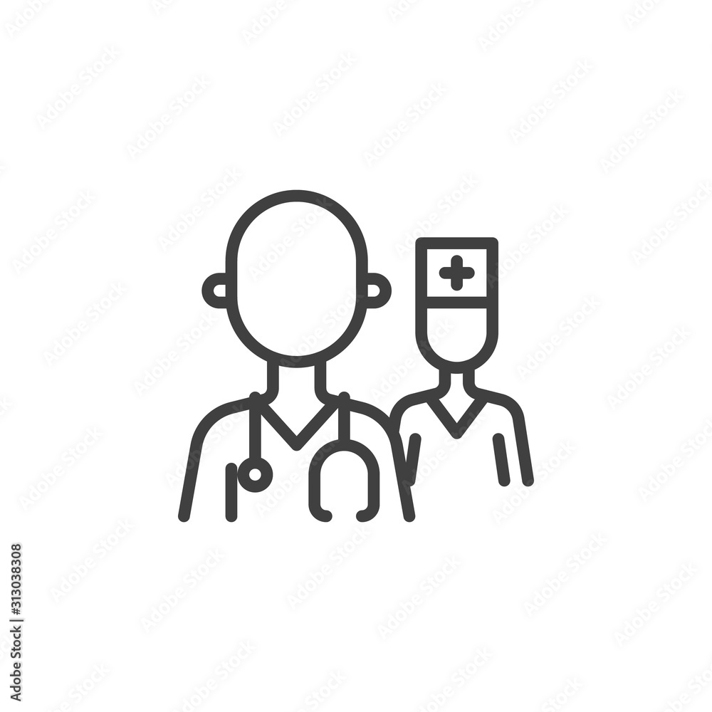 Medical doctor and nurse line icon. linear style sign for mobile concept and web design. Two doctors character outline vector icon. Healthcare symbol, logo illustration. Vector graphics Medical doctor and nurse line icon. linear style sign for mobile concept and web design. Two doctors character outline vector icon. Healthcare symbol, logo illustration. Vector graphics