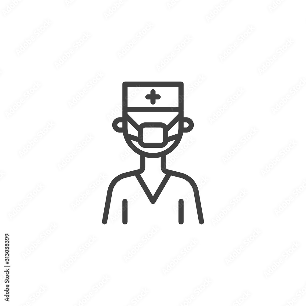 Doctor character line icon. linear style sign for mobile concept and web design. Medical doctor with face mask outline vector icon. Healthcare symbol, logo illustration. Vector graphics