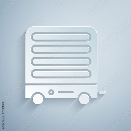 Paper cut Electric heater icon isolated on grey background. Infrared floor heater with remote control. House climate control. Paper art style. Vector Illustration