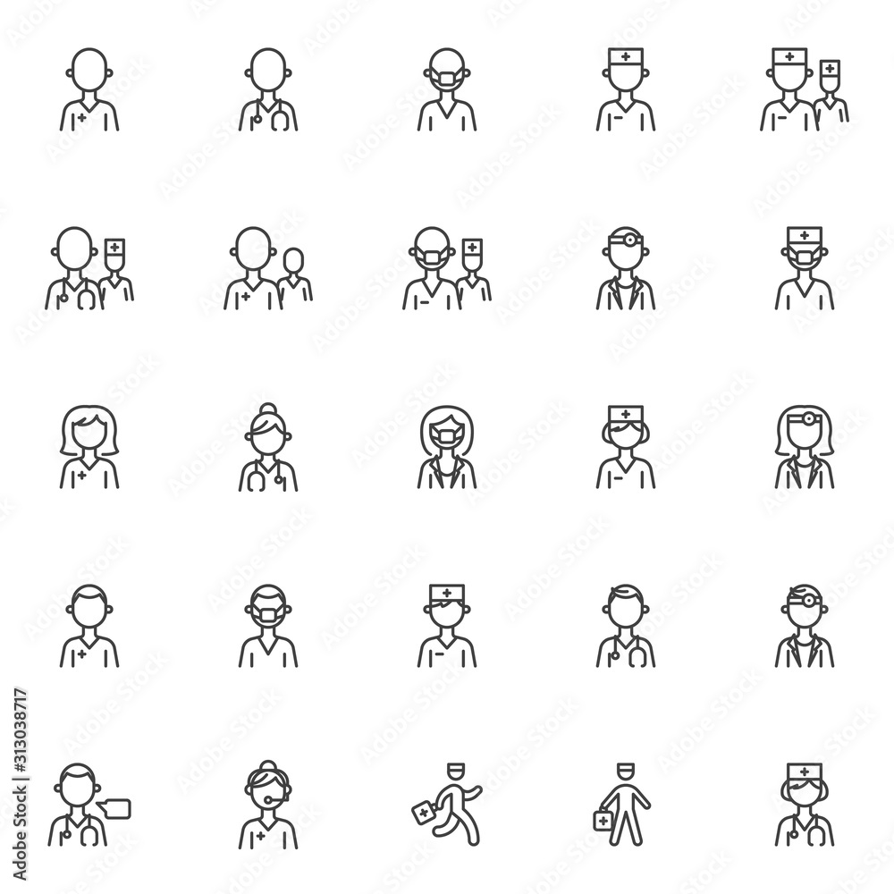 Doctor characters line icons set. linear style symbols collection, outline signs pack. vector graphics. Set includes icons as medical nurse avatar, doctor and patient, surgeon assistant, practitioner Doctor characters line icons set. linear style symbols collection, outline signs pack. vector graphics. Set includes icons as medical nurse avatar, doctor and patient, surgeon assistant, practitioner
