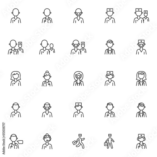 Doctor characters line icons set. linear style symbols collection, outline signs pack. vector graphics. Set includes icons as medical nurse avatar, doctor and patient, surgeon assistant, practitioner