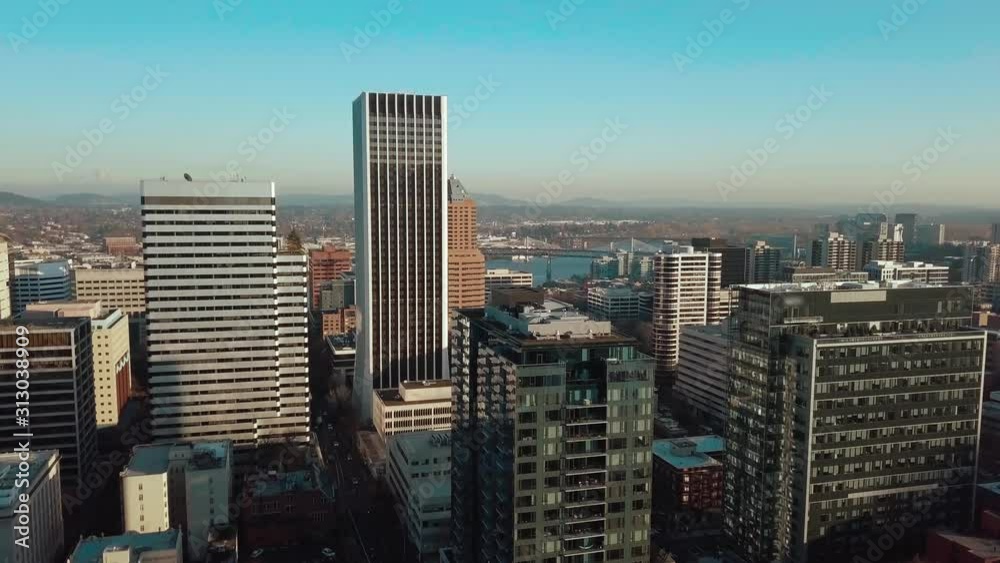 Aerial of Portland, Oregon. Flying above the urban city of Portland Oregon on a clear day in autumn.