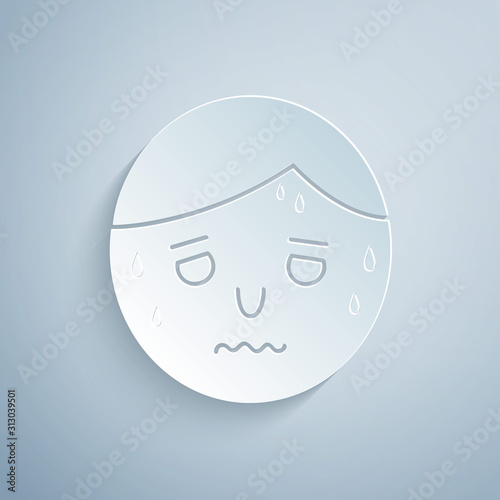 Paper cut Man with excessive sweating icon isolated on grey background. Paper art style. Vector Illustration