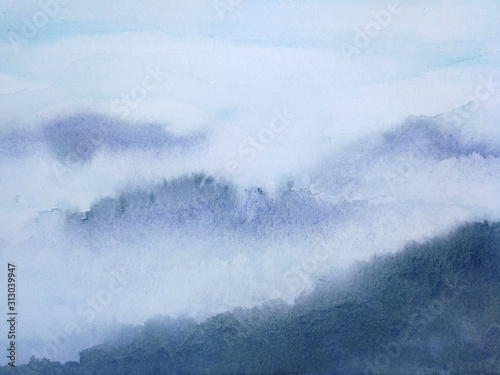 watercolor ink landscape mountain fog.traditional oriental ink asia art style.	