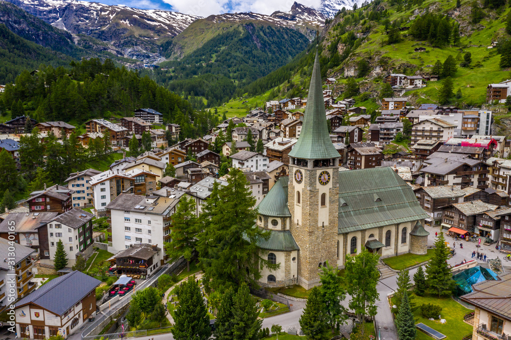 Beautiful aerial view landscape of Zermatt valley and Alps mountains