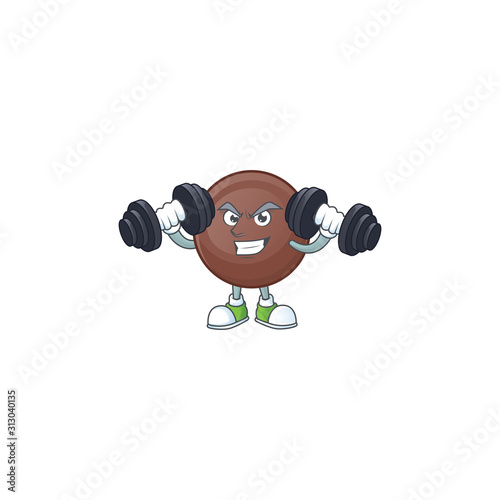 Fitness exercise chocolate ball mascot icon with barbells