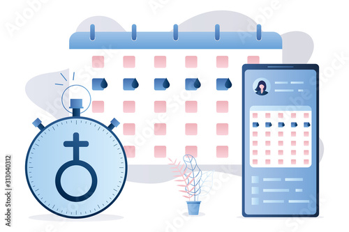 Calendar menstrual cycle menstruation. Modern smartphone with menstrual cycle app,planner andwatch with female sign.