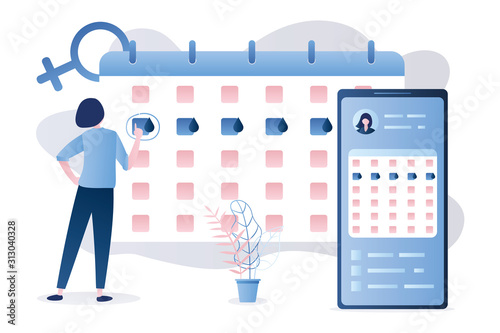 Modern smartphone with menstrual cycle app,planner,woman and female sign.