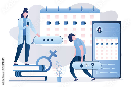 Unhappy woman with premenstrual syndrome and lady doctor with mobile phone. Online medical consultation