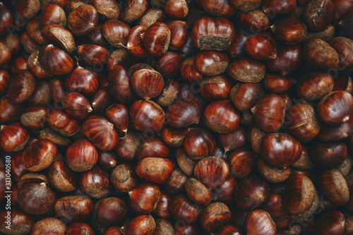 Closeup unpeeled uncooked raw chestnut background