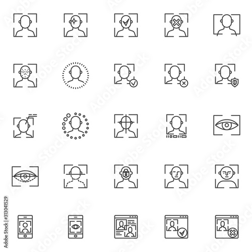 Face ID line icons set. Facial recognition linear style symbols collection, Biometric identification outline signs pack. Cyber protection vector graphics. Set includes icons as face eye retina scan