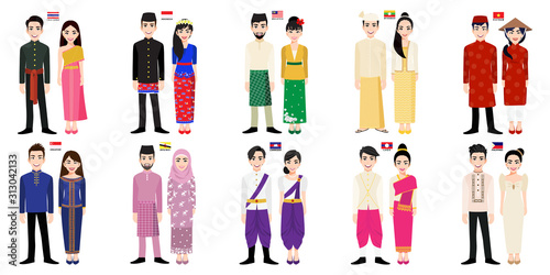 Set of 20 asian men and women cartoon characters in traditional costume with flag vector