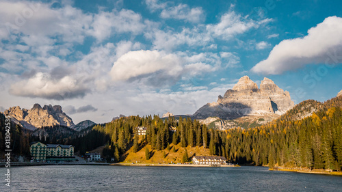 View of Lake  Misurina or Lago Misurina and nature landscape from Dolomites before sunset during autumn , Dolomites ,  South Tyrol and Trentino in Italy photo