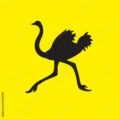 The silhouette of an ostrich bird flees on a yellow isolated background. Vector image