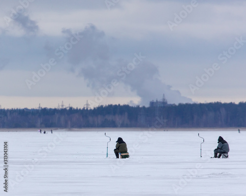 People catch fish on ice in the background of the plant