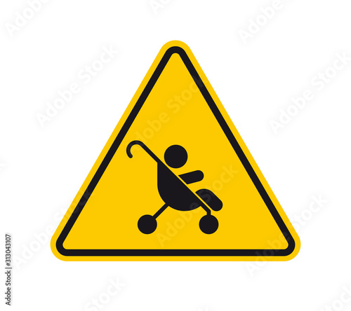 Vector yellow triangle sign - black silhouette stroller. Isolated on white background.
