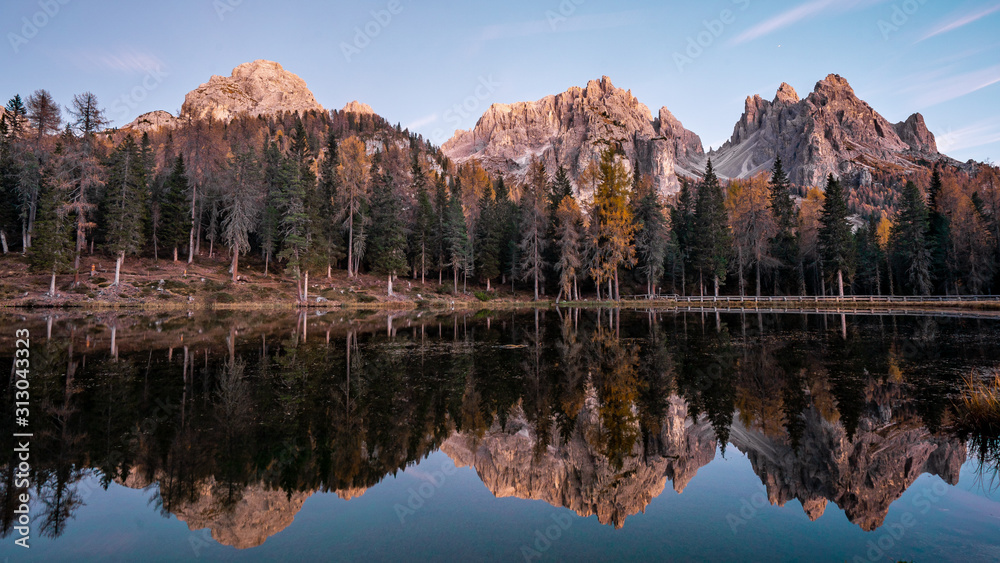 Nice view around Lago Antorno or lake Antorno after sunset . One of the most beautiful scenic lake in Dolomites  during Autumn season , Dolomites , South Tyrol , Italy.
