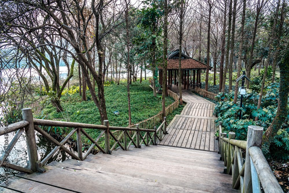 The beautiful landscape scenery of Xihu West Lake and pavilion in Winter at Hangzhou CHINA.