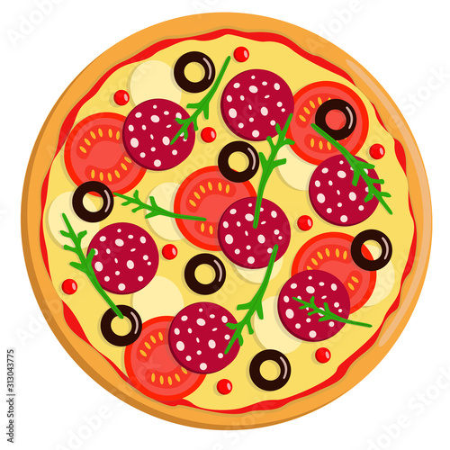 Vector drawing of a whole round pizza with tomatoes, pepperoni sausage, olives cheese and arugula. Isolated on white.