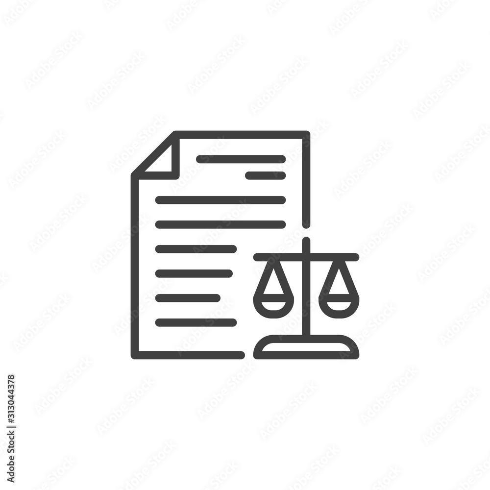 Court file line icon. linear style sign for mobile concept and web design. Document with law scale outline vector icon. Symbol, logo illustration. Vector graphics Court file line icon. linear style sign for mobile concept and web design. Document with law scale outline vector icon. Symbol, logo illustration. Vector graphics
