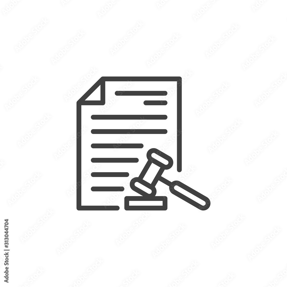 Law document file line icon. Court decision linear style sign for mobile concept and web design. Legal document page with Judge Gavel outline vector icon. Law and justice symbol, logo illustration. - obrazy, fototapety, plakaty 