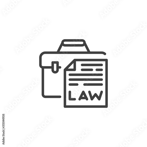 Briefcase and law document file line icon. linear style sign for mobile concept and web design. A court case outline vector icon. Law and Justice symbol, logo illustration. Vector graphics