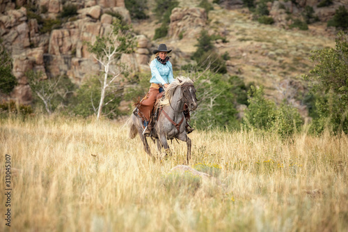 Cow Girl On Rocky Mountain Horse