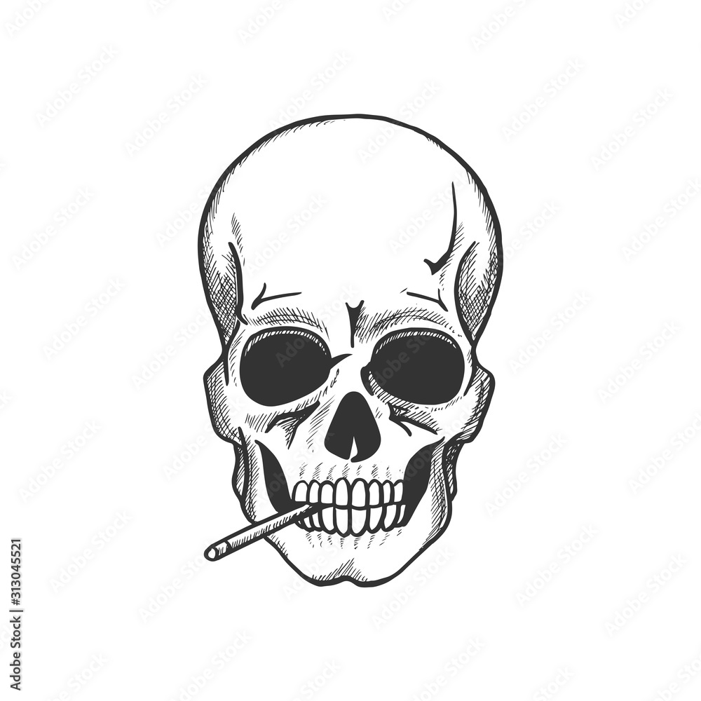 Skull smoking sketch for death danger symbol and tobacco addiction themes design. Head bone of human skeleton with cigarette for warning sign or tattoo design