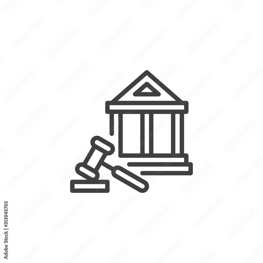 Courthouse building and judge gavel line icon. linear style sign for mobile concept and web design. Justice court building outline vector icon. Symbol, logo illustration. Vector graphics Courthouse building and judge gavel line icon. linear style sign for mobile concept and web design. Justice court building outline vector icon. Symbol, logo illustration. Vector graphics