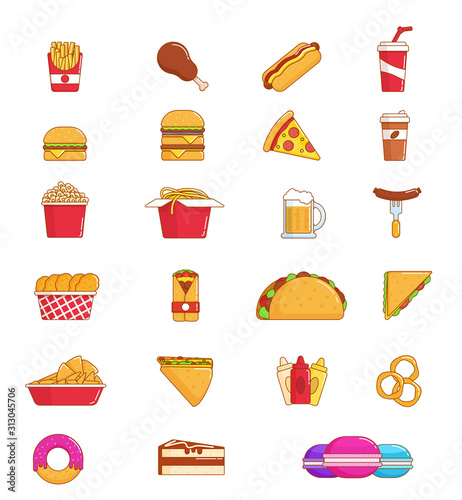 Fast food thin line icon set of junk snack. Hamburger, pizza and hot dog, meat sandwich, donut and chicken, coffee, soda, french fries, cheeseburger, cake and chinese noodle, taco, popcorn and nacho