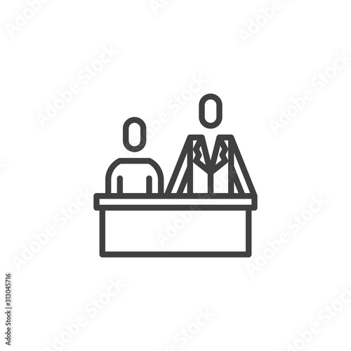 Defendant with lawyer line icon. linear style sign for mobile concept and web design. Litigation outline vector icon. Symbol, logo illustration. Vector graphics