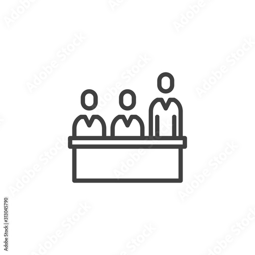 Jury trial line icon. linear style sign for mobile concept and web design. Jurors in a jury box at a court trial outline vector icon. Symbol, logo illustration. Vector graphics
